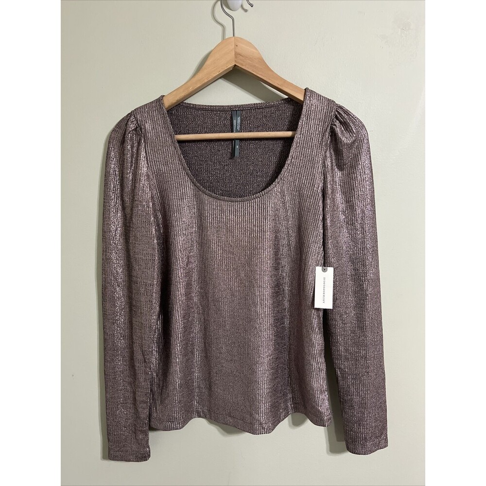 Anthropologie Metallic Ribbed Long Puff Sleeve Rose Gold Shirt Size Extra Small